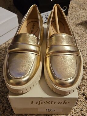 Life Stride Gold Metallic Slip-On Loafers for Women With Box